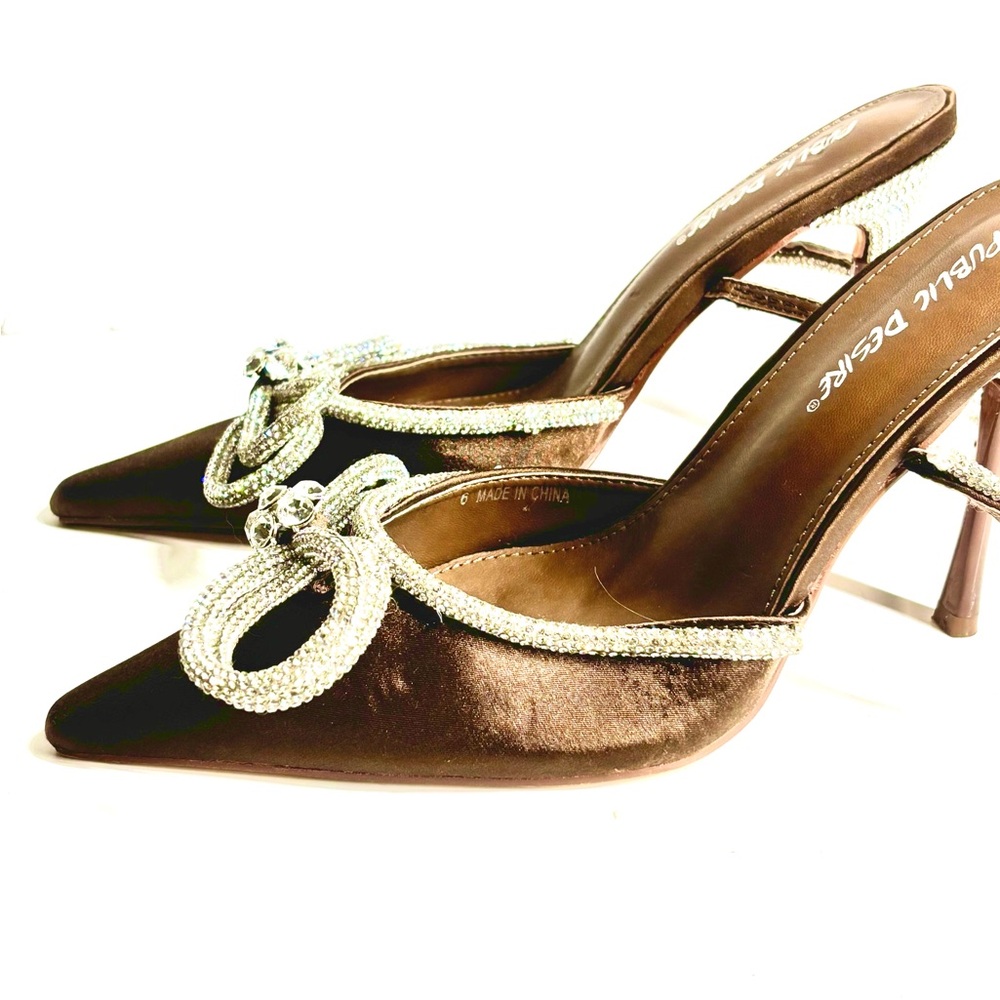 Metallic ankle-wrap Stiletto heels Crystal-embellished Bow detail Chocolate 9W - Picture 10 of 14